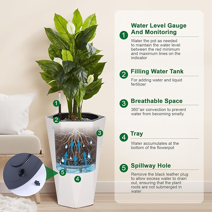 23 Inch Tall Outdoor Planters Set of 2, Self Watering Pots for Indoor Plants with Water Level Monitor & Drainage Hole & Wheels, Large Planter Pots for Garden, Patio, Balcony, White