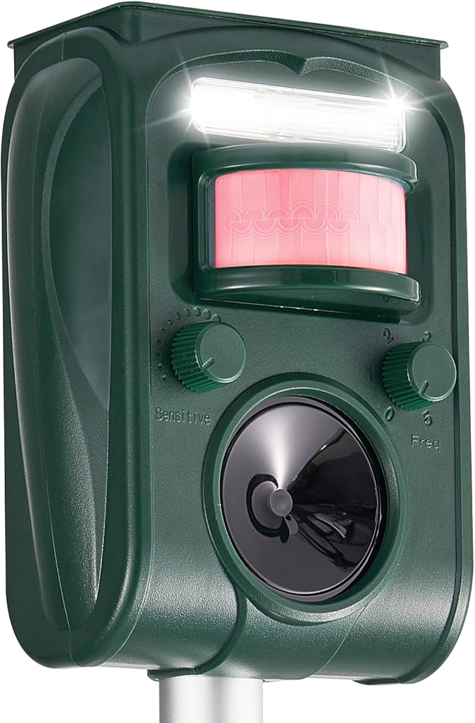 Upgraded Solar Ultrasonic Deer Repellent Devices Motion Detection, Waterproof Cat Repellent Outdoor, Squirrel Raccoon Rabbit Dog Repellent Deterrent with LED Flash Lights for Yard Farm Garden