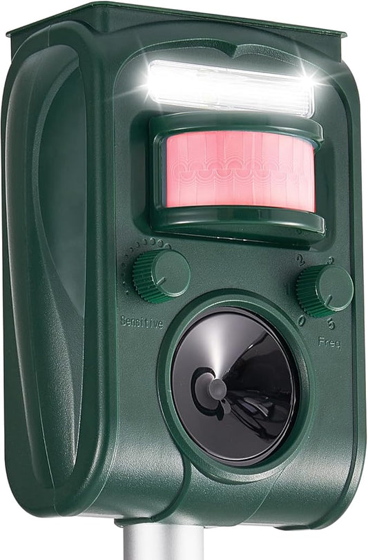 Upgraded Solar Ultrasonic Deer Repellent Devices Motion Detection, Waterproof Cat Repellent Outdoor, Squirrel Raccoon Rabbit Dog Repellent Deterrent with LED Flash Lights for Yard Farm Garden