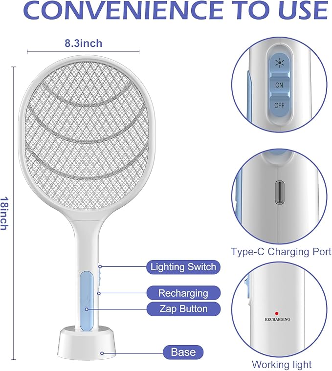 Bug Zapper 2 Pack, VANELC Electric Fly Swatter Racket Fly Zapper, 3000 Volt USB Rechargeable Fly Trap Mosquito Zapper Pest Insects Control for Home, Kitchen, Office, Outdoor