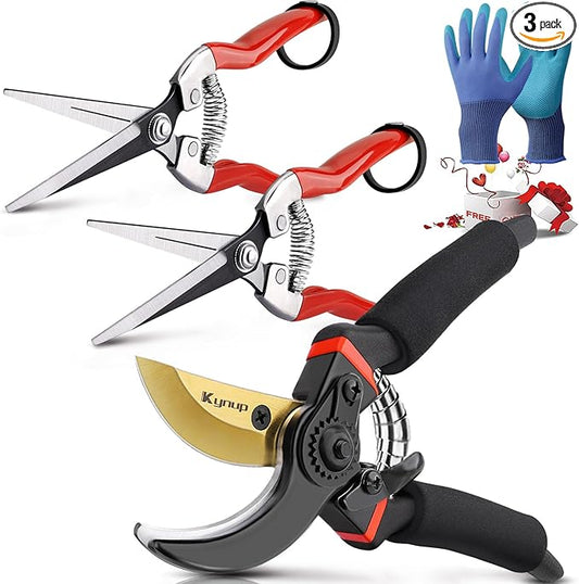Kynup 3Pack Pruning Shears, Garden Shears, Pruning Shears for Gardening, Gardening Shears Scissors Clippers, Garden Tools Set with Gloves, Stainless Steel, Soft Grip Handle