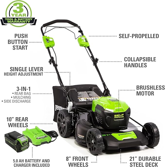 Greenworks 40V 21" Self-Propelled Mower,Axial Leaf Blower,12" String Trimmer with Batteries and Chargers