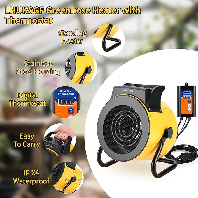 Greenhouse Heater with Digital Thermostat, 1500W/750W Electric Grow Tent Heater, IPX4 Waterproof, Overheat Protection, Fast Heating for Patio, Flower Room, Green House, Ourdoor
