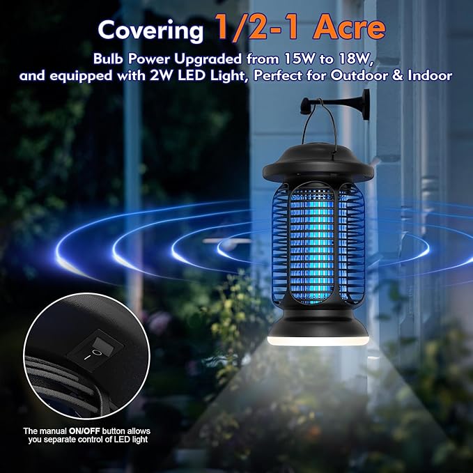 Bug Zapper Outdoor & Indoor, Upgraded 18W Exclusive Blue-Violet Light with 2W LED Lamp, 100% Increase in Mosquito Control Effect, Coverage of 1/2-1 Acre, Fly Zapper for Patio, Backyard, Home