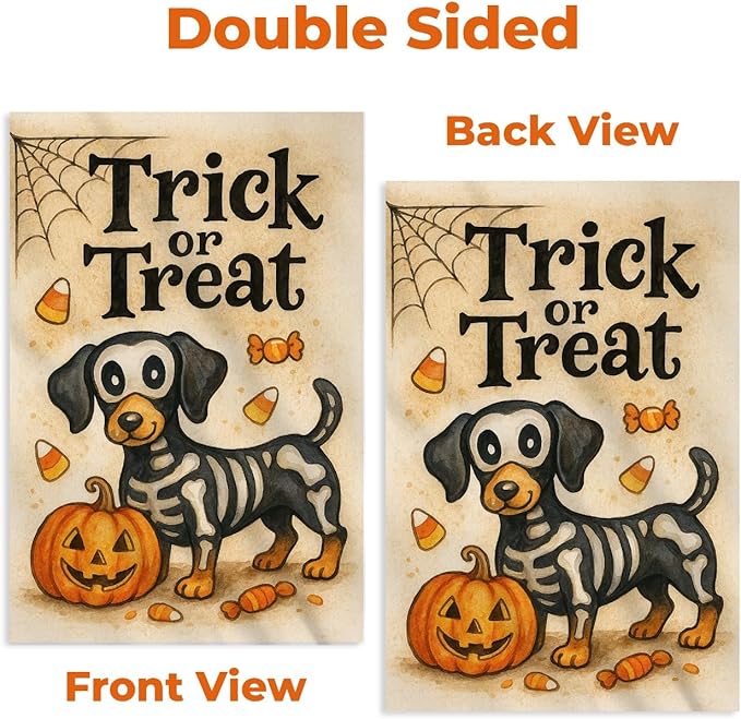 Skeleton Dachshund Dog Halloween Garden Flag – Trick or Treat Pumpkin Yard Flag 12x18, Double Sided Burlap Outdoor Decoration