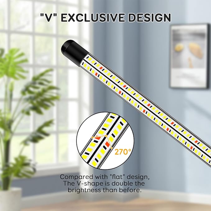 V-Shape Grow Lights for Indoor Plants, 2 Heads LED Full Spectrum Lamps With Clips, 5 Dimmable Levels and 6/12/18H Timer for Growing