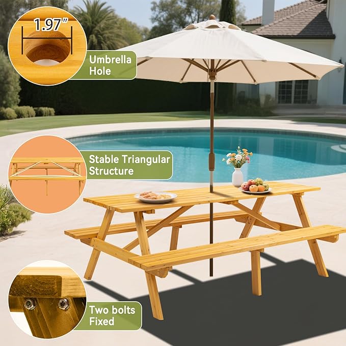 8-Person Wooden Picnic Table with 2 Built-In Benches, 75"L x 50"W Outdoor Dining Table, 2220lb Capacity Includes Umbrella Hole & Weather-Resistant Finish, Perfect for Backyard, Camping, Yellow