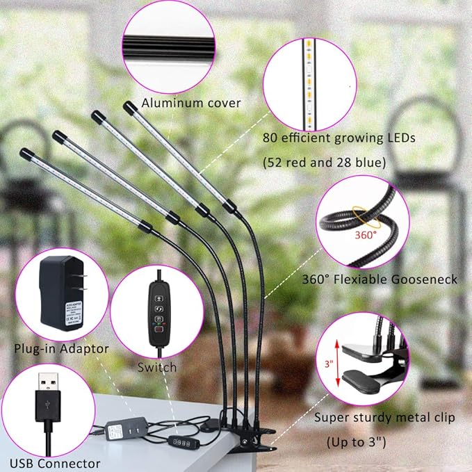 Plant Grow Light Indoor,4 Head LED Growing Lamp for Indoor Plants, 80W Full Spectrum Plant Lights with Auto ON/Off Timer, 10 Dimmable Brightness,360° Flexible Gooseneck, 3 Switch Modes