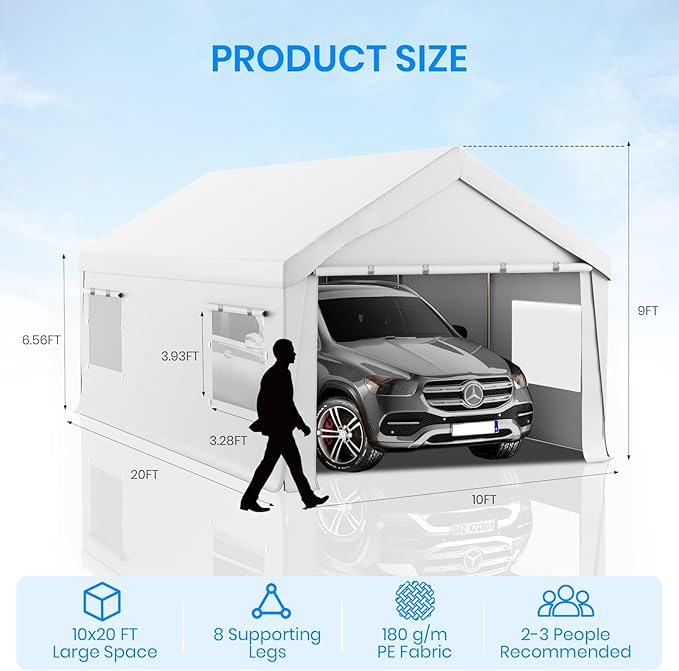 Carport 10x20 FT Heavy Duty, Outdoor Portable Garage with Removable Sidewalls & Doors, Waterproof, UV-Resistant Canopy Shelter for Vehicles, Boats, RVs, Trucks, All-Season Car Port,White