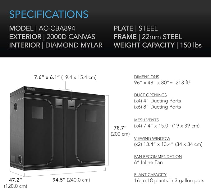 AC Infinity CLOUDLAB 894 Advance Grow Tent, 96”x48”x80” Thickest 1 in. Poles, Highest Density 2000D Diamond Mylar Canvas, 8x4 for Hydroponics Indoor Growing