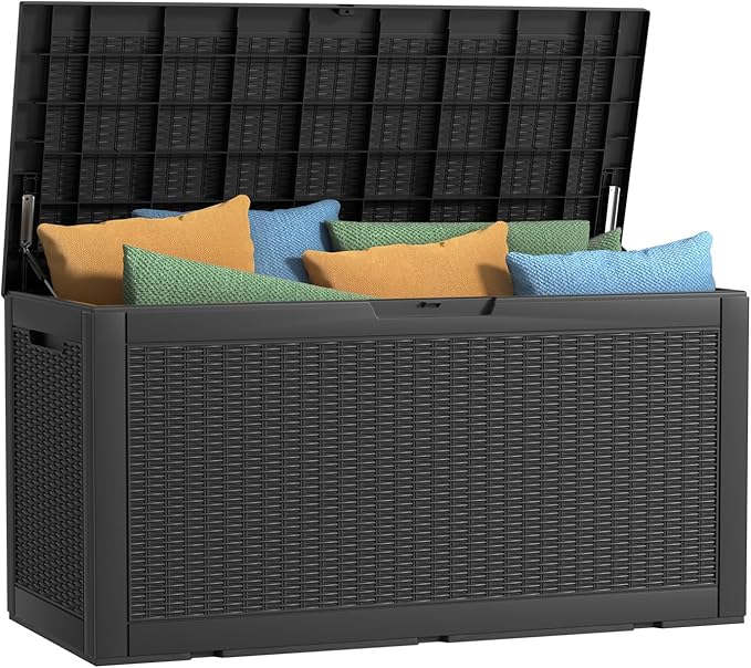 ROJIK Outdoor Storage Housing Deck Box - Waterproof Patio Furniture, Garden Tools, Cushions, Pool Accessories Storage Bench with Lockable Lid and Side Handles (Black 100 Gal)
