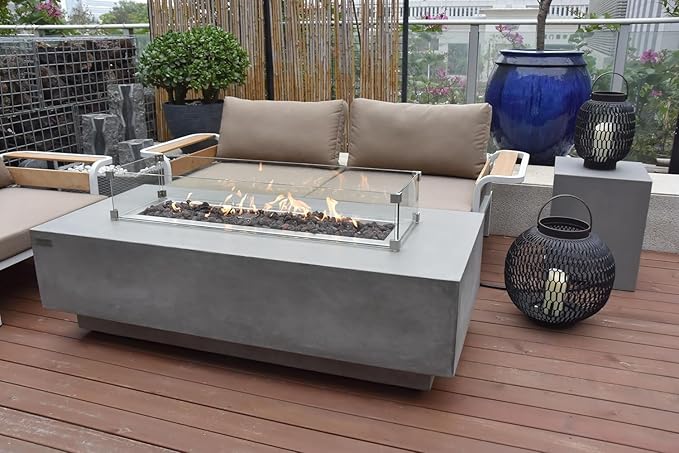 Elementi Granville Gas Fire Pit Bundle Concrete Fire Table, Outdoor Fire Pit Electronic Ignition | Canvas Cover, Lava Rock Included | Free AMS Wind Guard | Light Gray (Propane Gas)
