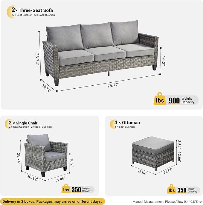 ovios Patio Furniture Set, 8 Pieces Outdoor Wicker Sofa Couch with Chairs, Ottomans and Comfy Cushions, All Weather High Back Rattan Conversation Set, Dark Grey
