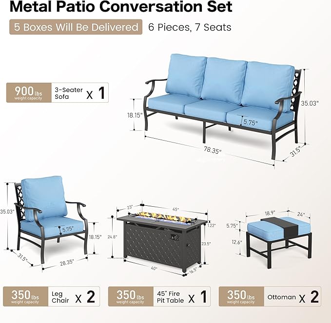 6 Piece Metal Outdoor Patio Furniture Set with Firepit Table, Patio Conversation Set 1 3-seater Sofa, 2 Fixed Chair, 2 Ottomans with 5.75" Thick Cushion, Black Backyard Furniture, Blue