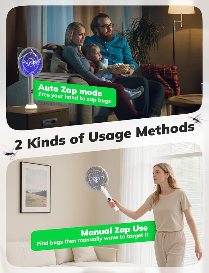 YISSVIC Electric Fly Swatter Bug Zapper Racket 4000V LED Screen Dual Modes Fly Zapper Rechargeable for Indoor Home Office Backyard Patio Camping
