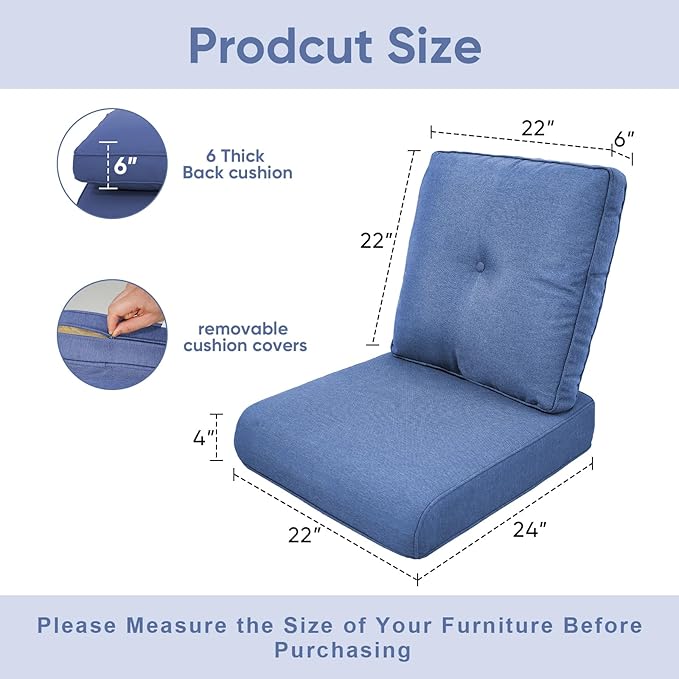 Patio Chair Cushions 4 Packs - Outside High Back Thick Water-Resistant Cushion 22x24 with Zipper Cover for Outdoor Glider Rocking Chairs Loveseat Couch – Blue/Buckle