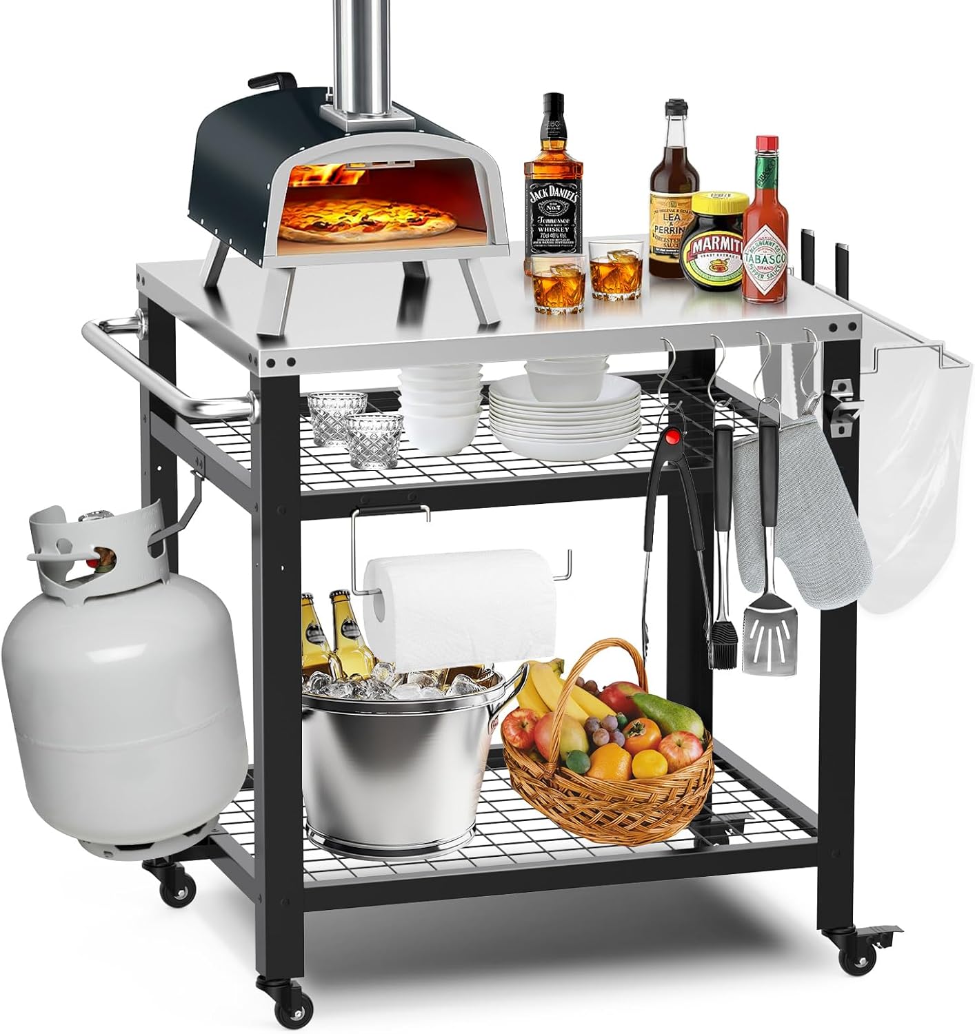 Stainless Steel Pizza Oven Table for Ooni, 650lbs Outdoor Grill Cart with Wheels and Handle, 32"x 24" Three-Shelf Food Prep Cart for Griddle, Movable Outdoor Pizza Cart