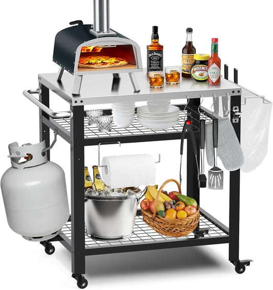 Stainless Steel Pizza Oven Table for Ooni, 650lbs Outdoor Grill Cart with Wheels and Handle, 32"x 24" Three-Shelf Food Prep Cart for Griddle, Movable Outdoor Pizza Cart