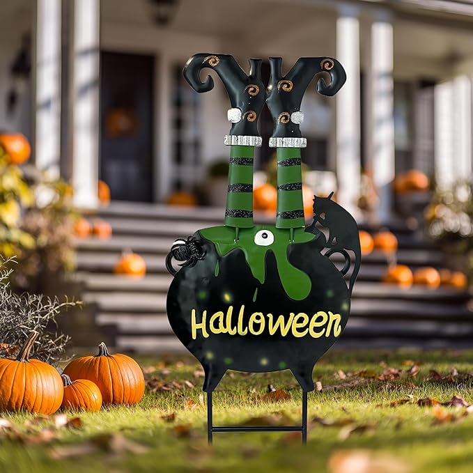 HONGLAND Halloween Decorations Witch Cauldron Garden Stake, Witch Feet Cauldron Eyeball Black Cat Halloween Decor for Outdoor Porch- 31 Inch