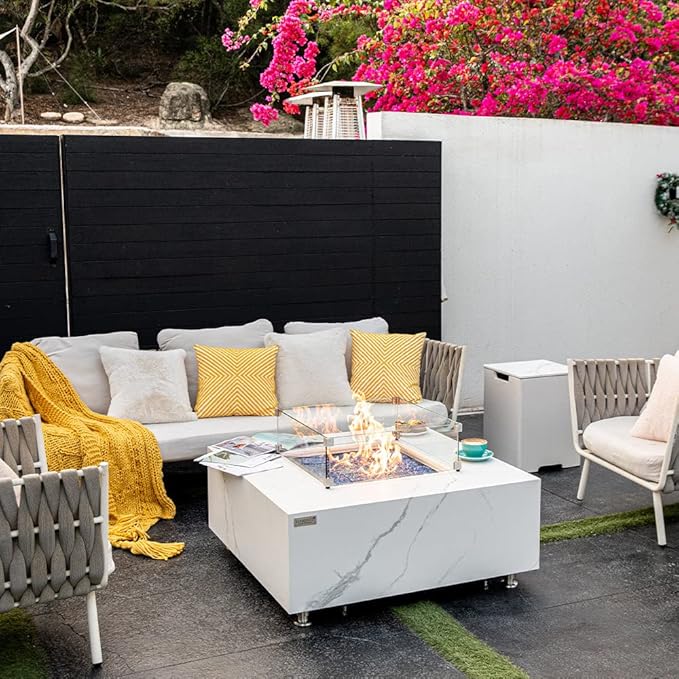 Bianco Marble Fire Pit 39.4" x 39.4" Outdoor Patio Firepit Includes Fire Glass Modern Fire Pits & Outdoor Fireplaces for Garden, Deck, Indoor & Outdoor Heating