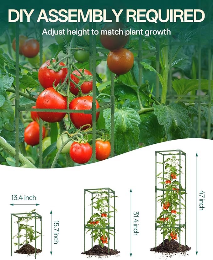 Breeze Touch 3 Pack Square Tomato Cages, Up to 47 Inch Adjustable Tomato Trellis for Garden & Pots, Garden Trellis for Climbing Plants Outdoor, Plant Trellis for Climbing Vegetables, Flowers, Beans