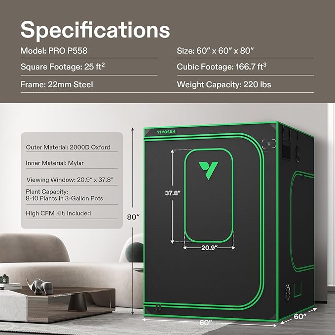 VIVOSUN P558 60"×60"×80" PRO Grow Tent, with Thick 1 inch Poles, Strengthened High Reflective Mylar Oxford Fabric, Extra Hanging Bars & High CFM Kit for Hydroponics Indoor Plant for AeroLight A200SE×3