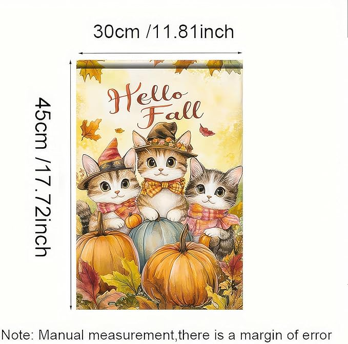 Fall Garden Flag 12x18 Inch Hello Fall Kitten Yard Banner Autumn Cat Outdoor Flag with Pumpkins and Leaves Double Sided Tabby Cat Seasonal Decor for Porch Lawn Thanksgiving
