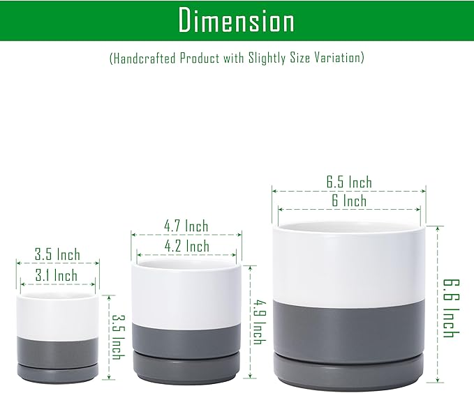 D'vine Dev 3 Inch & 4 Inch & 6 Inch, Set of 3 Round Ceramic Planter Pot with Drainage Hole and Saucer, White/Speckled Grey, 94-T-S-6