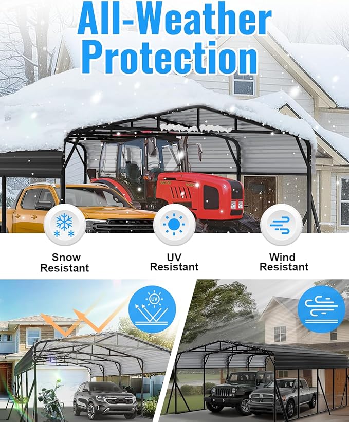 10x15FT Metal Carport, Heavy Duty Carport with Reinforced Frame & Side Support Poles for All-Weather, Outdoor Car Port Suitable for Parking Pickup, Boat, Car, and Tractor