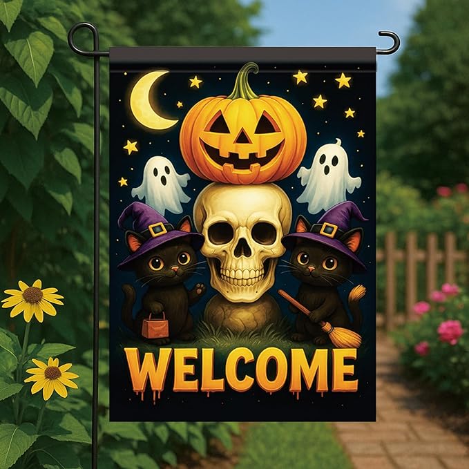 Halloween Garden Flag Pumpkin Skull Witch Hat Ghost Flag 12x18 Inch Double Sided Outdoor Yard Banner for Trick or Treat Haunted House Spooky Halloween Decoration Decor