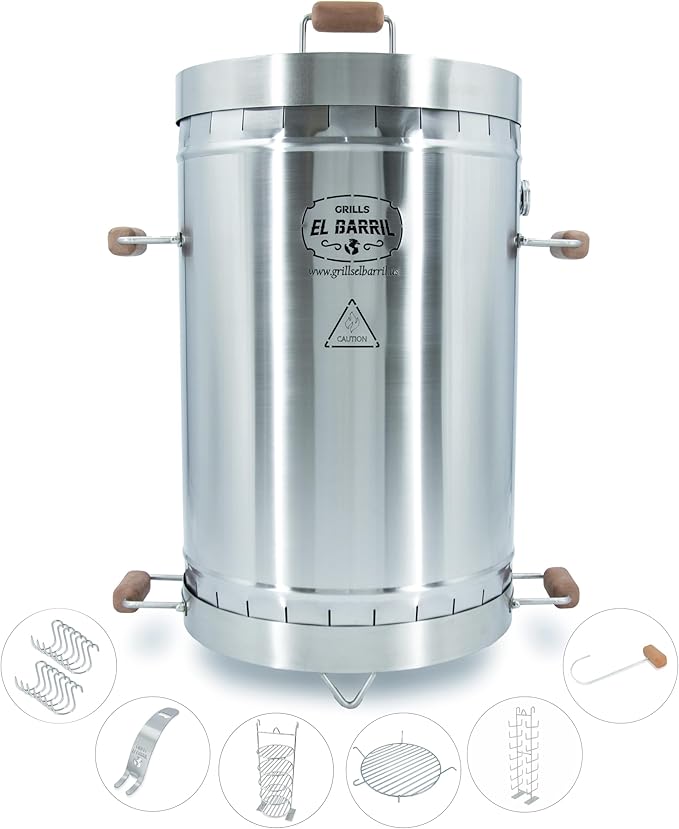 EL BARRIL 45lbs Grill & Smoker Barrel, Stainless Steel Charcoal Smoker Grill – Portable Outdoor Smokers with Even Heat Distribution & Grilling Accessories