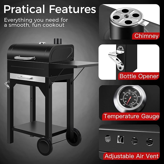 Charcoal Grill, Outdoor BBQ Grill with Side Table and Grease Tray, Double Layer Heavy-duty Steel Smoker Grill with Thermometer and Wheels for Outdoor Picnic, Patio, Backyard, Camping Cooking, Black