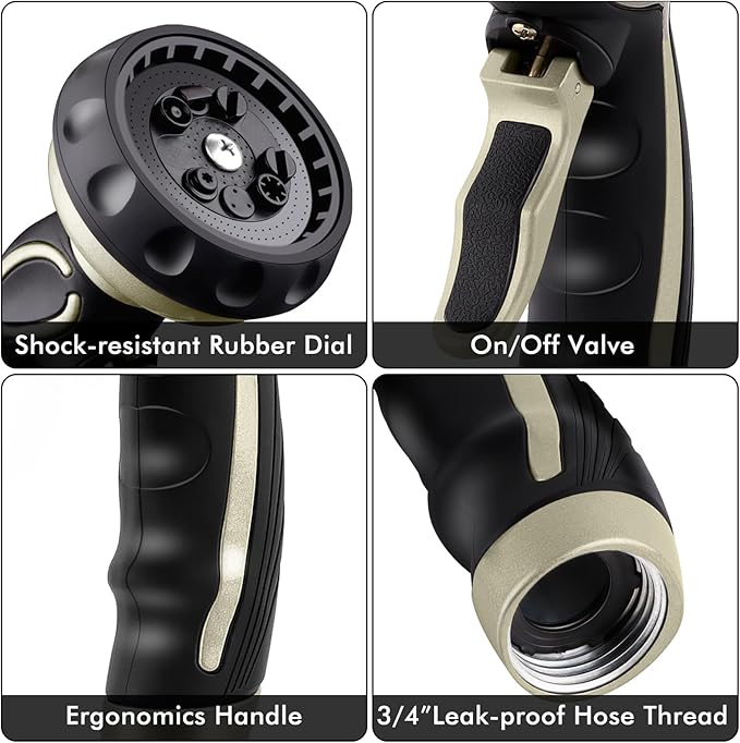 RESTMO Hose Nozzle with Easy Self-Lock Trigger, Heavy Duty Metal Water Hose Sprayer with 9 Spray Patterns and On/Off Valve, Ideal for Outdoor Lawn & Garden Watering, Car & Pet Washing