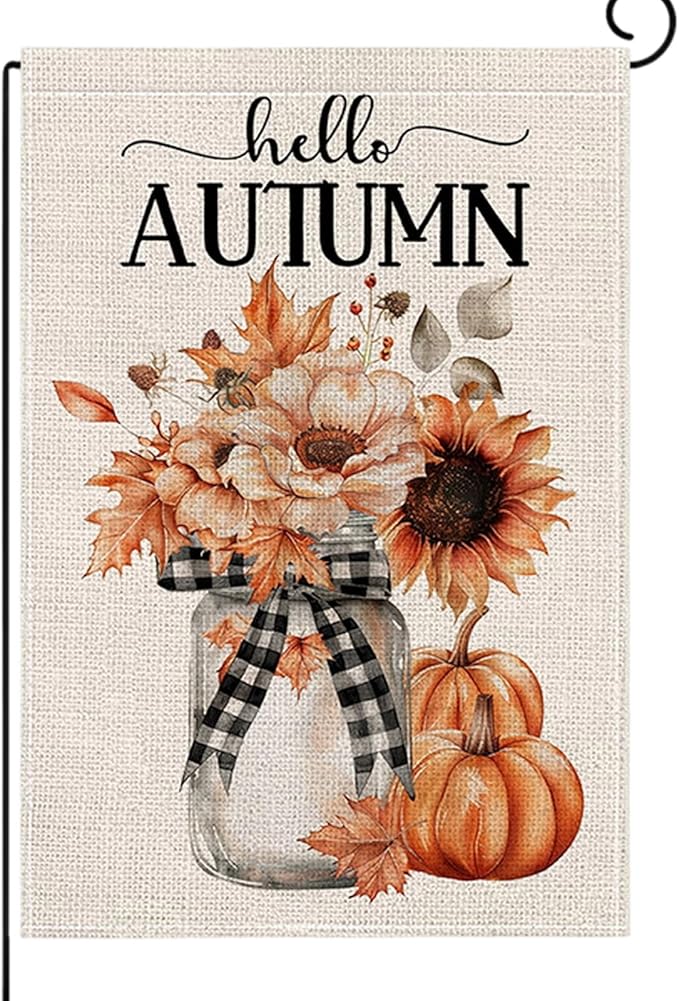 Fall Garden Flag 12 x 18 Inch Double Sided Hello Pumpkin Sunflower Maple Leaves Designs Autumn Burlap Yard Flag for Outside Rustic Yard Outdoor Holiday Home Decoration