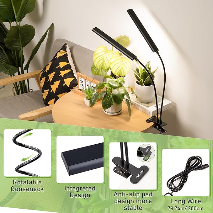 FOXGARDEN Grow Light Full Spectrum, Dual Head Plant Lights for Indoor Growing with Flexible Gooseneck, 104 LEDs Clip Grow Lamp with 4/8/12H Timer, 4 Brightness Levels, Ideal for Indoor Growth