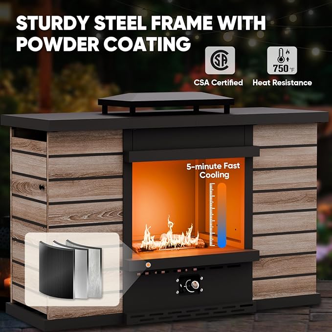 63'' Outdoor Propane Fireplace with Tank Storage & Extra Storage Cabinet, CSA Certified 50,000 BTU Patio Firepit with Dust Cover for Garden, Backyard and Balcony, Gray/Beige