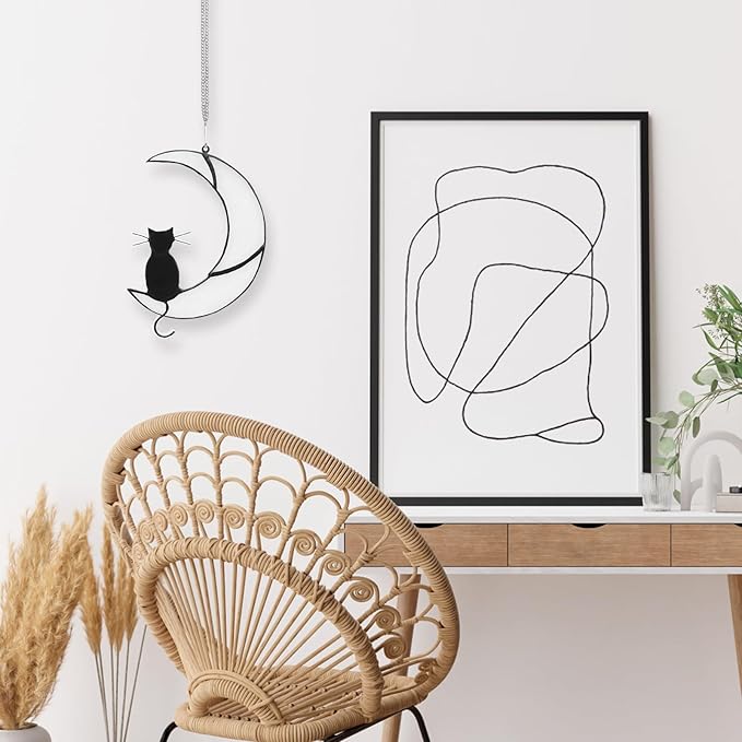 Black Cat Decor on White Moon Acrylic Sun Catcher Stained Window Hanging Ornament Halloween Decorations Cat Suncatcher for Women Pet Memorial Gifts Lovers Loss Sympathy Gifts Home Garden Panels