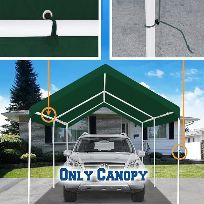 10'x20' Upgraded Carport Replacement Top Canopy Cover for Car Garage Shelter Tent Party Tent with Ball Bungees Green (Only Top Cover, Frame is not Included)