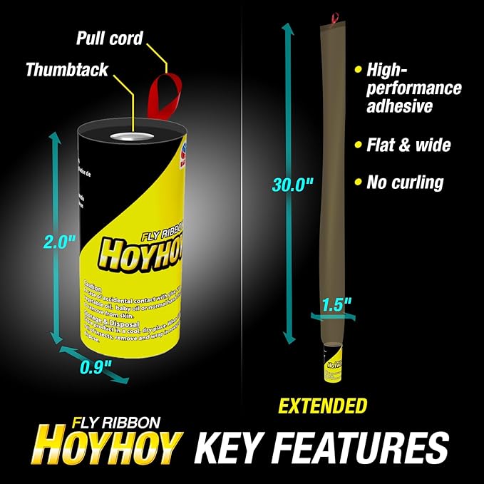 HOY HOY Fly Ribbon 4 Traps (1 Pack) - Multi-Insect Catcher for Home & Garden, Super Sticky, Long Lasting