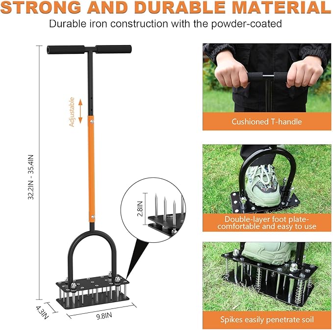 GAINO Lawn Aerator & Aerator Lawn Tool - Manual Yard Aerator for Lawn with 15 Spikes, Automatic Dirt and Leaf Clean Design, Adjustable T-Handle, Pre-Assembled Lawn Aerator Tools (Black + Orange)