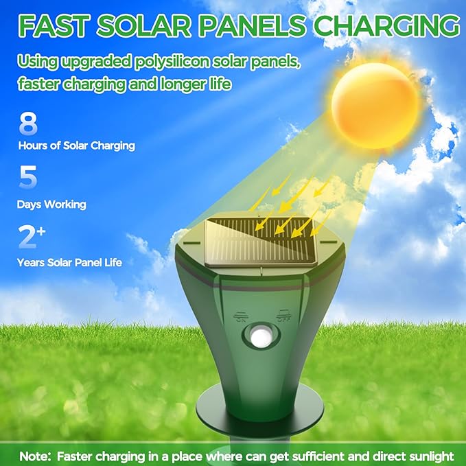 Mole Repellent Solar Powered, 4 Pack Solar Powered Mole Repellent, Groundhog Repellent for Outside, IP65 Waterproof Ultrasonic Vole Repeller Outdoor, Mole, Skunk Deterrent for Yard, Lawns, Garden