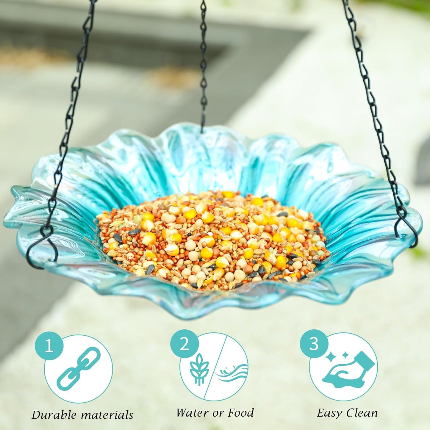 VCUTEKA Bird Bath, Glass Hanging Bird Baths for Outdoors Birdfeeder with 21 inch Rust-Proof Chain for Garden Yard Decor, Blue Daisy