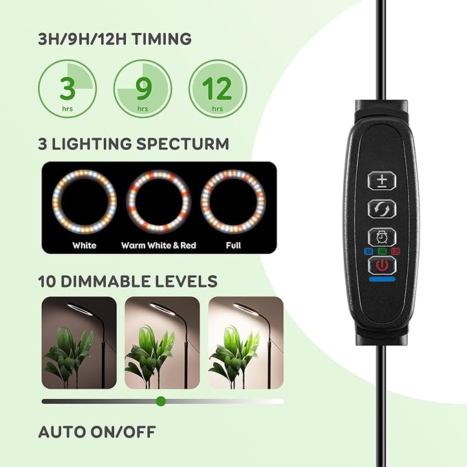 One Head Grow Lights for Indoor Plant Full Spectrum, Plant Lights for Indoor Growing with 3/9/12 Timer, 5 Dimmable Levels, Height Adjustable 16.5''-61", Strong Base for Large Plants