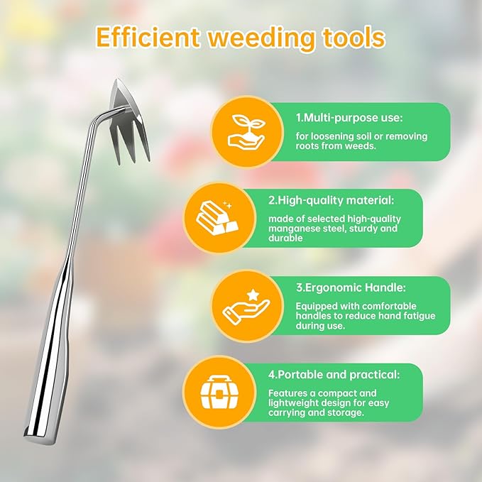 Manual Weed Remover Tool for Lawn and Garden, Heavy-Duty Weed Puller Tool 3-Tooth with Ergonomic Handle, Uprooting Weeding Tool for Gardening Backyard Farm