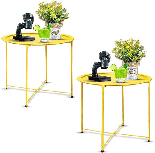 Garden 4 you End Table 2 PCS Metal Side Table Yellow Round Folding Tray Cyan Sofa Small Accent Fold-able Table, Round End Table Tray, Next to Sofa Table, Snack Table for Living Room and Bed Room