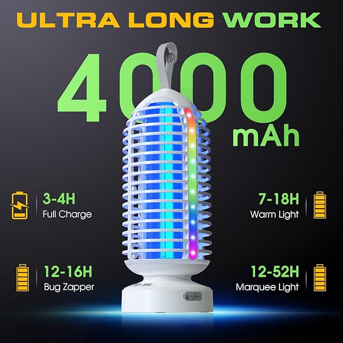 Bug Zapper Outdoor Indoor, Cordless Mosquito Zapper with LED Lights and Marquee Lights, Rechargeable Fly Zapper Outdoor Waterproof for Camping, Patio, Backyard, Garden, Home