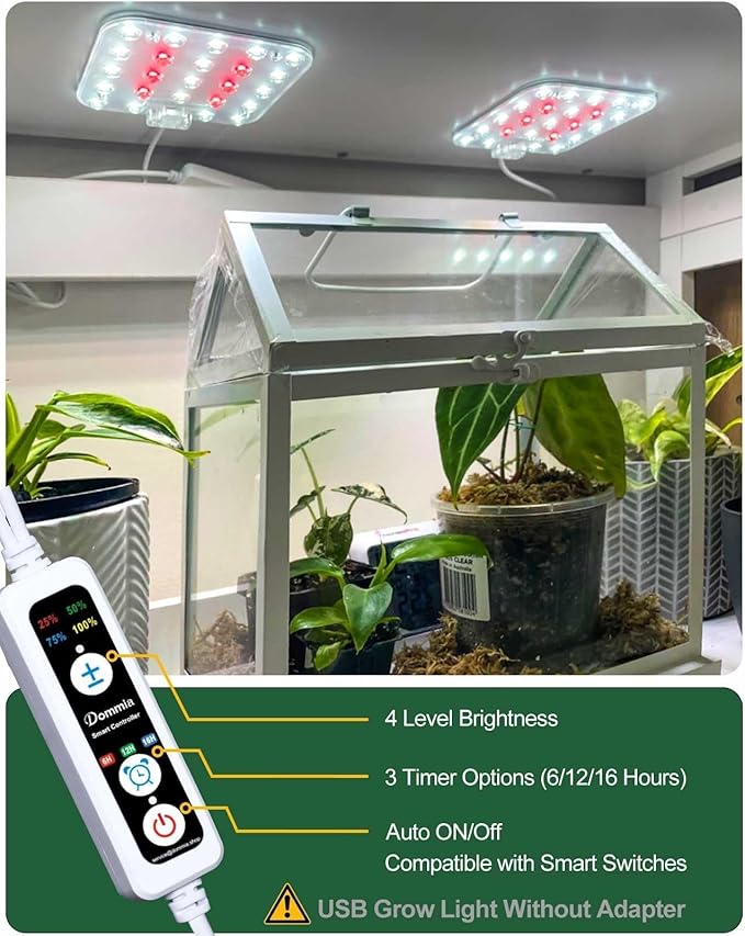 DOMMIA Grow Light,Full Spectrum Plant Light Panel with 6/12/16H Auto On/Off Timer, 4 Dimmable Levels, Suitable for Hydroponics, Seedlings, Succulents, Veg, Flowers & More(No Adapters)