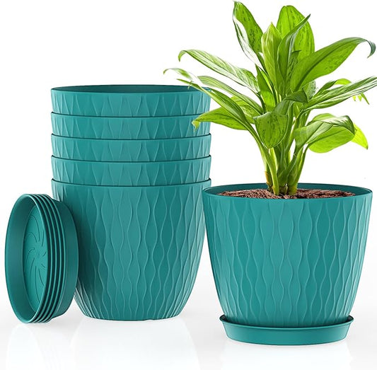 6 Inch Plant Pots, 6 Pack Flower Pots for Indoor and Outdoor Use, Planters with Drainage Holes and Saucers, Black with Speckles