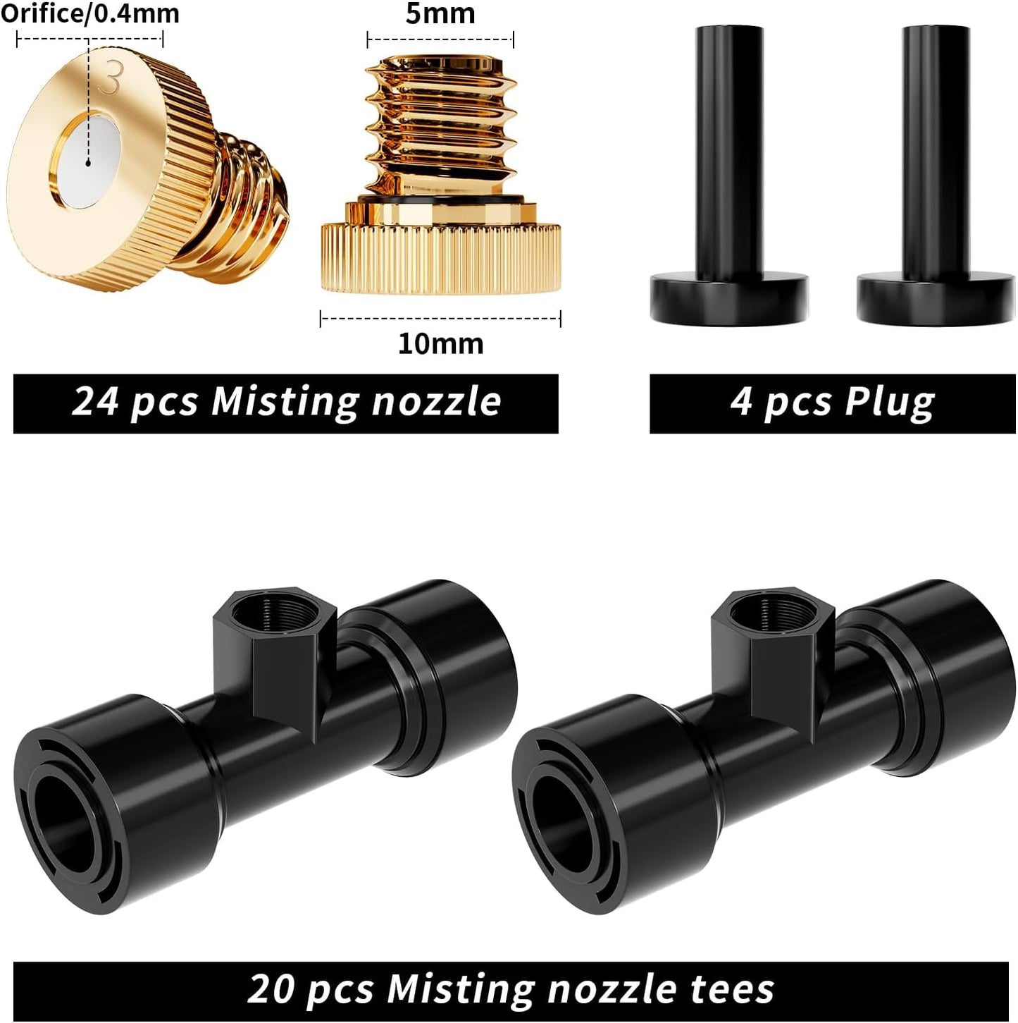 Misting Nozzles Kit Include 24 Pcs Misting nozzle 20 Pcs Misting 4 Pcs Plug nozzle tees for Outdoor Spray Cooling System (48 Pieces)