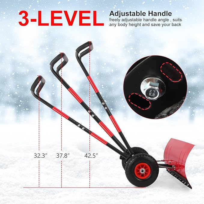 29" snow shovel with wider wheels,efficient snow removal tool,snow plow with adjustable handle and angled blade,snow pusher for doorway sidewalk,ergonomic double rod handle design with reflective tape